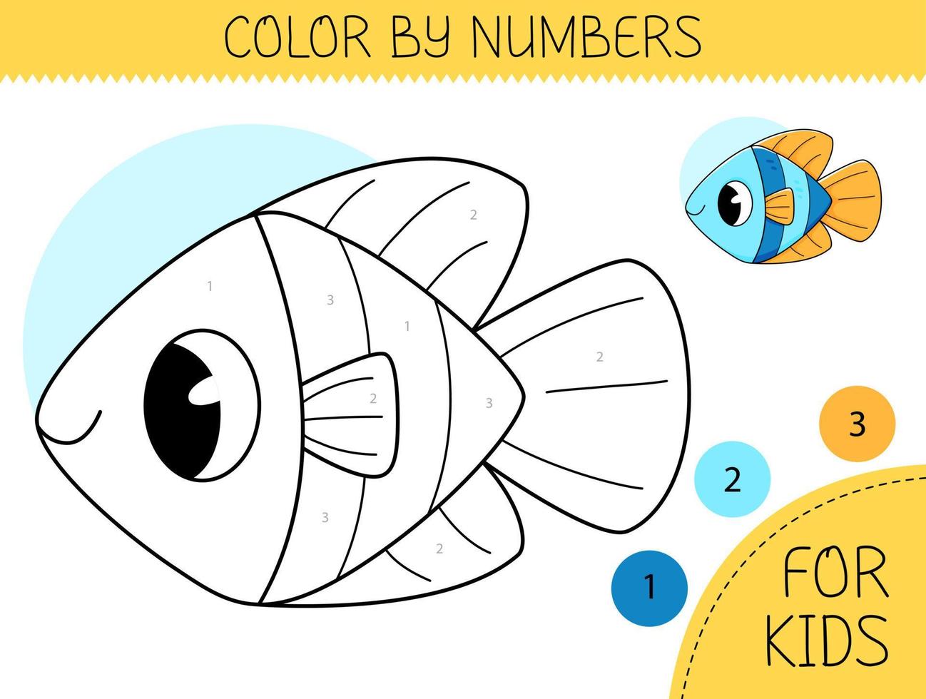 Color by numbers coloring page for kids with cute fish. Coloring book with cartoon fish with an example for coloring. Monochrome and color versions. vector