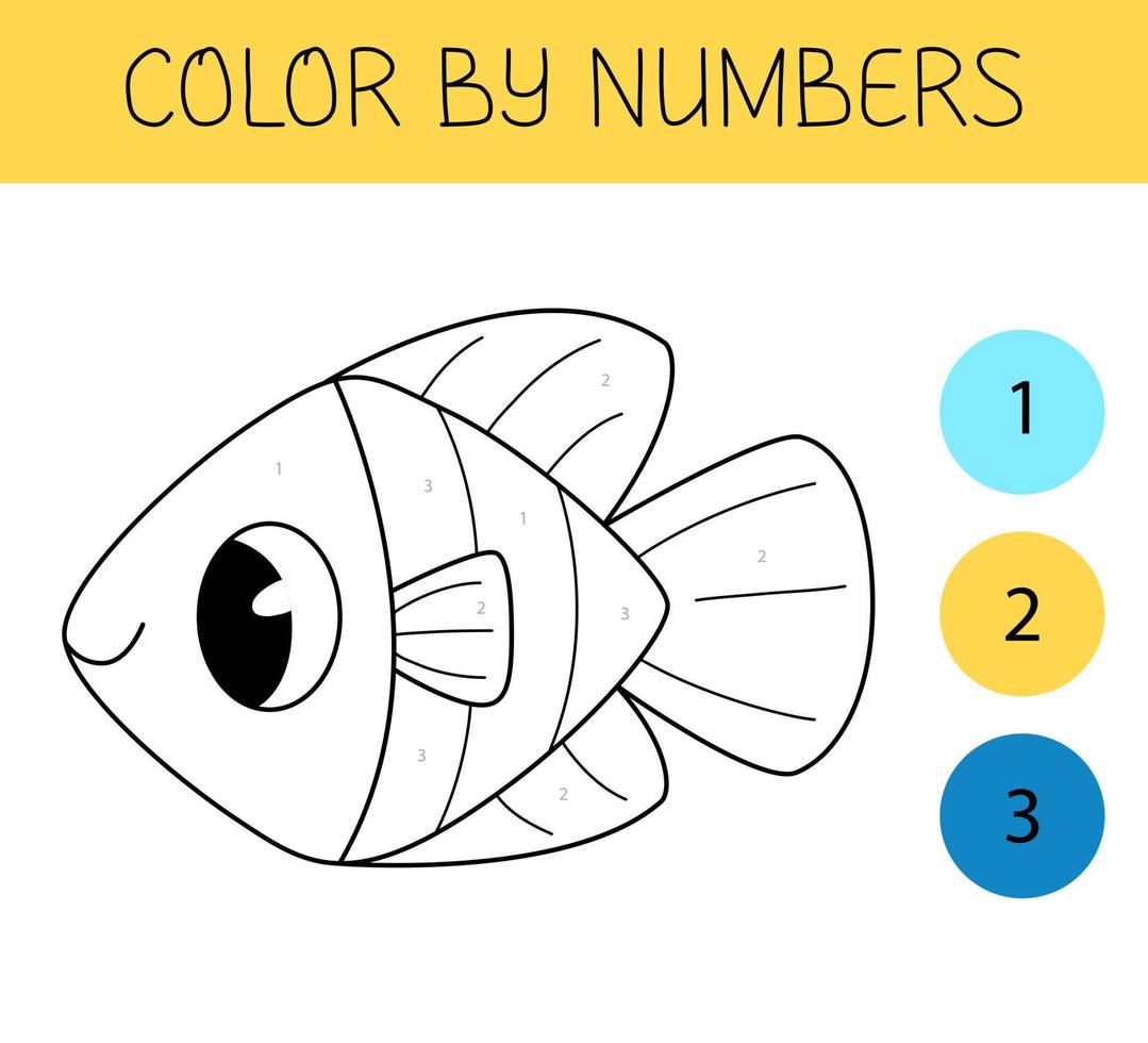 Color by numbers coloring book for kids with cute fish. Coloring page with cartoon fish. Monochrome black and white. vector