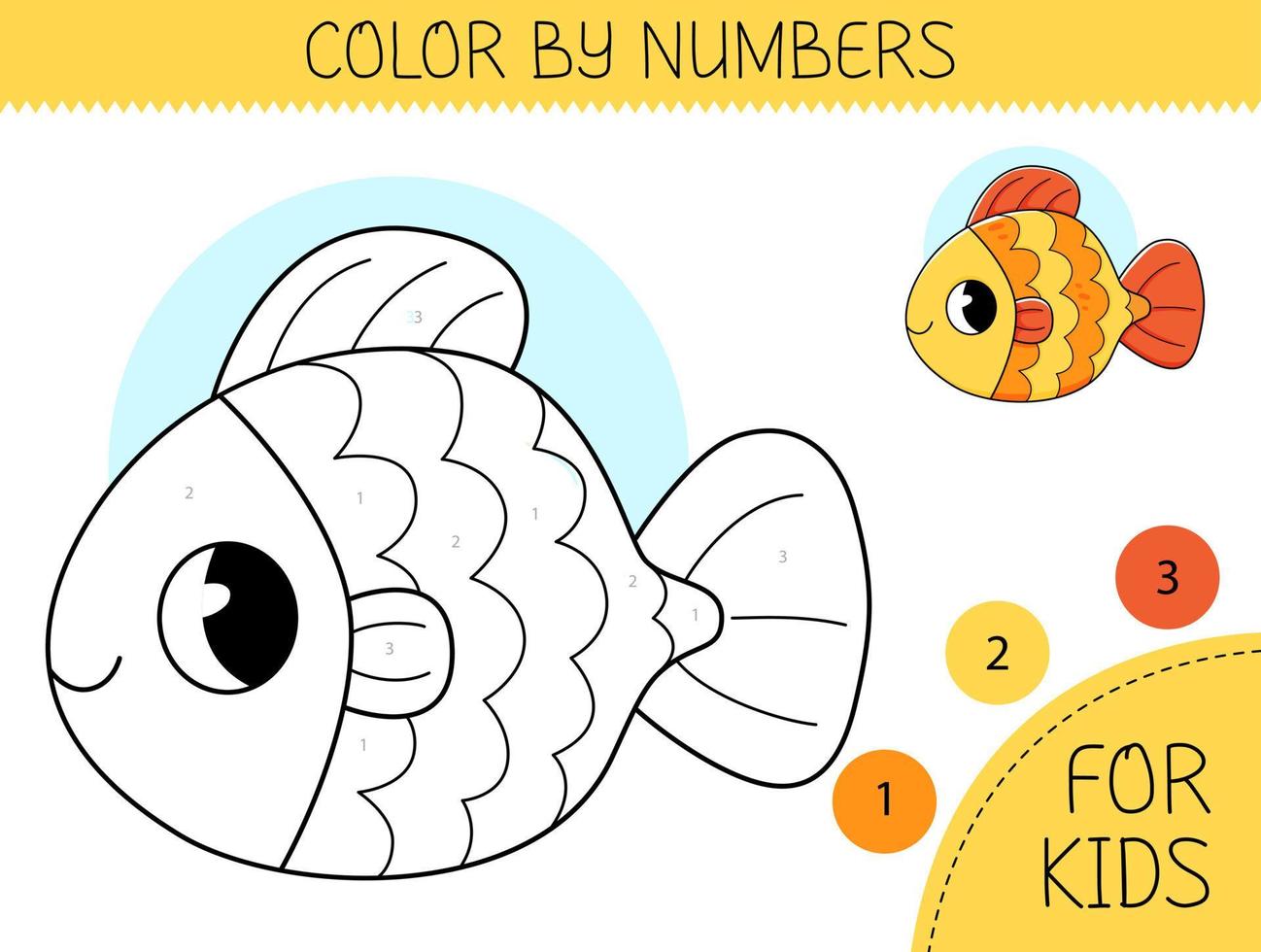 Color by numbers coloring page for kids with goldfish. Coloring book with cute cartoon fish with an example for coloring. Monochrome and color versions. vector