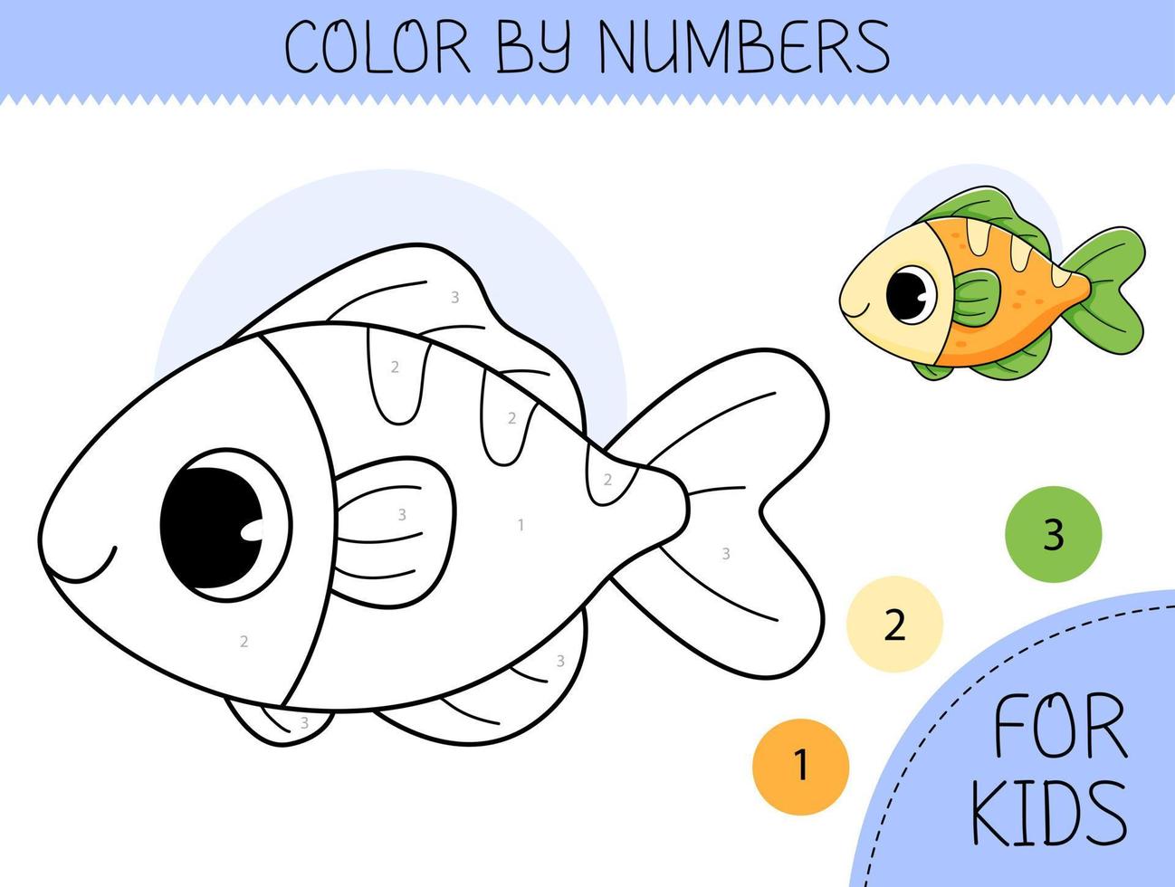 Color by numbers coloring page for kids with fish. Coloring book with cute cartoon fish with an example for coloring. Monochrome and color versions. vector