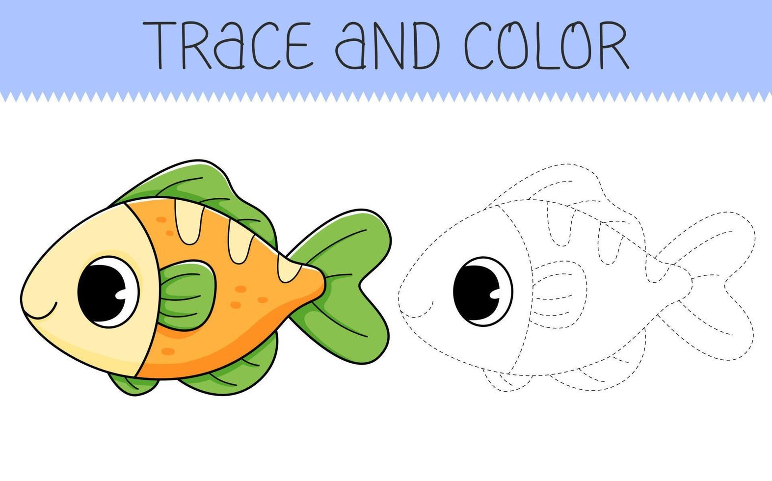 Trace and color coloring book with fish for kids. Coloring page with cartoon fish vector