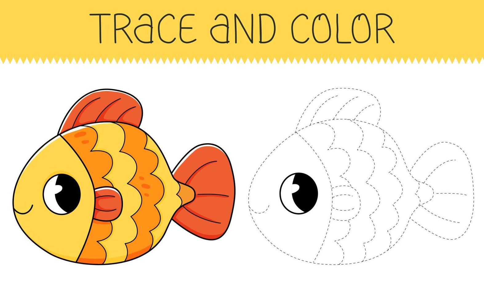 Trace and color coloring book with goldfish for kids. Coloring page with cartoon fish vector