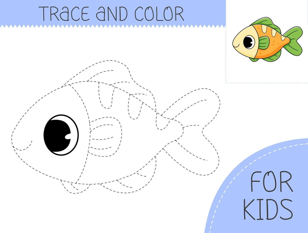 rastro y color colorante libro con pescado para niños. colorante página con dibujos animados pez. ilustración para niños. vector