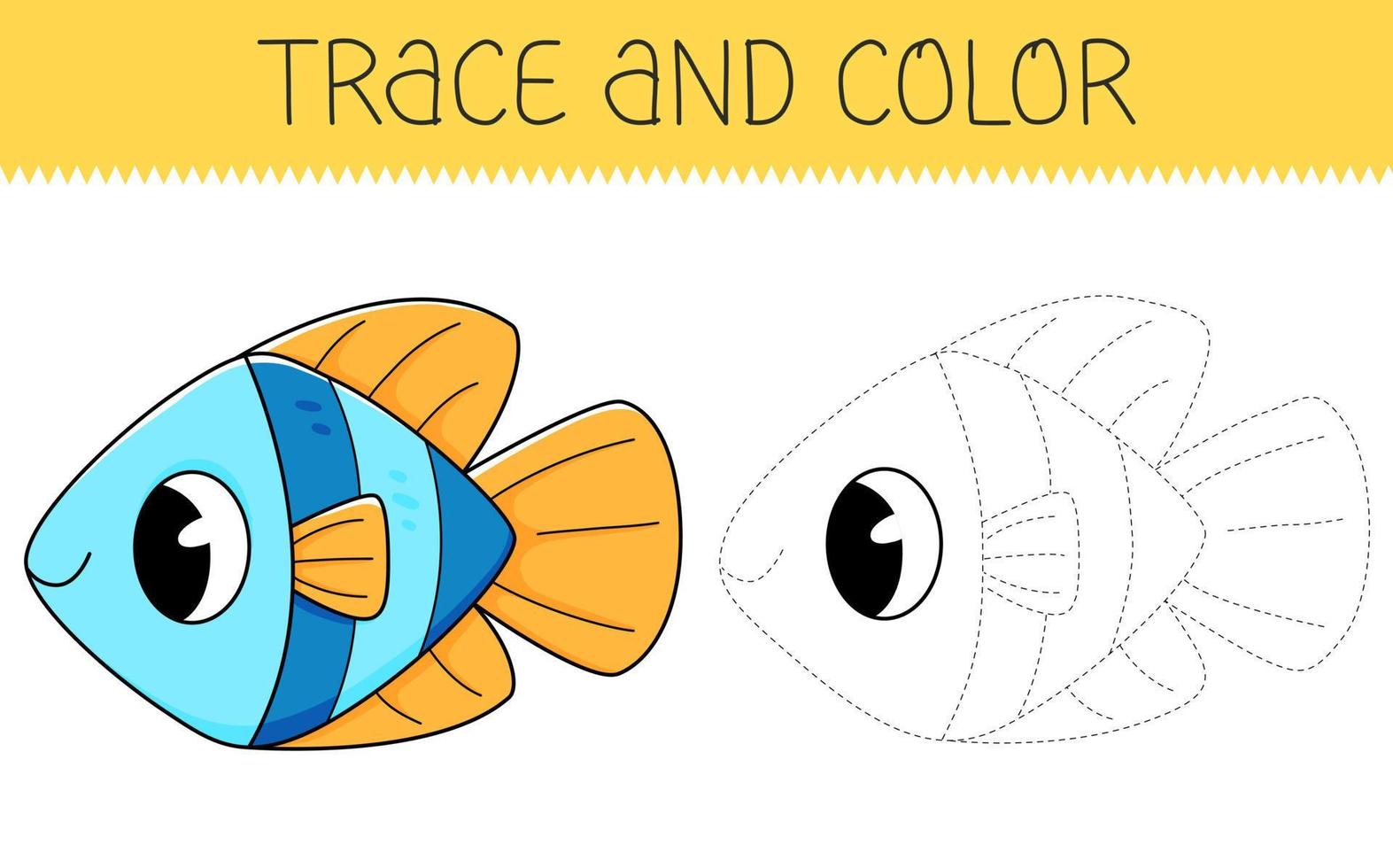 Trace and color coloring book with cute fish for kids. Coloring page with cartoon fish vector