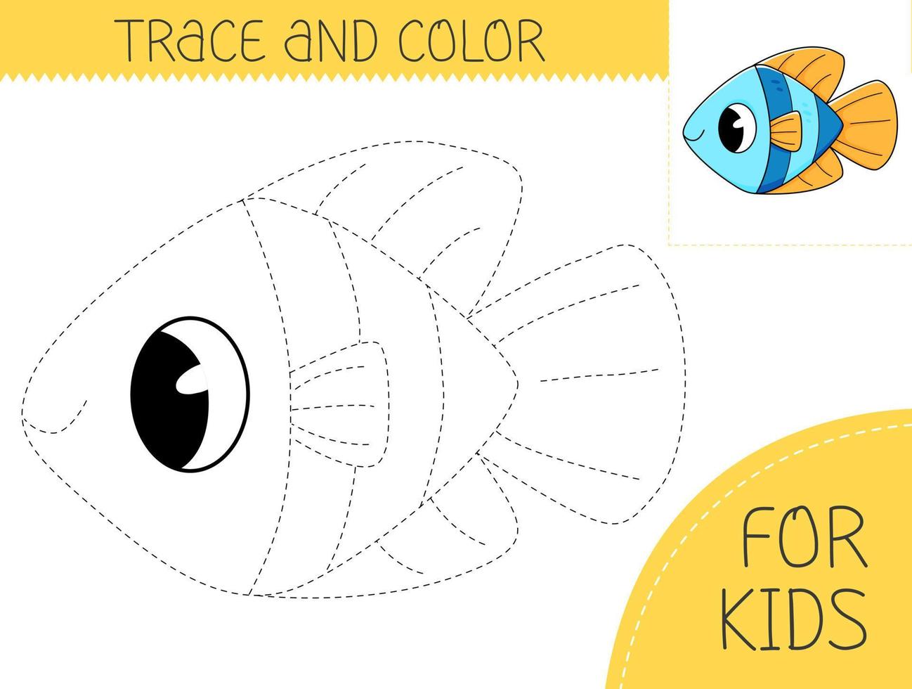 Trace and color coloring book with cute fish for kids. Coloring page with cartoon fish. illustration for kids vector