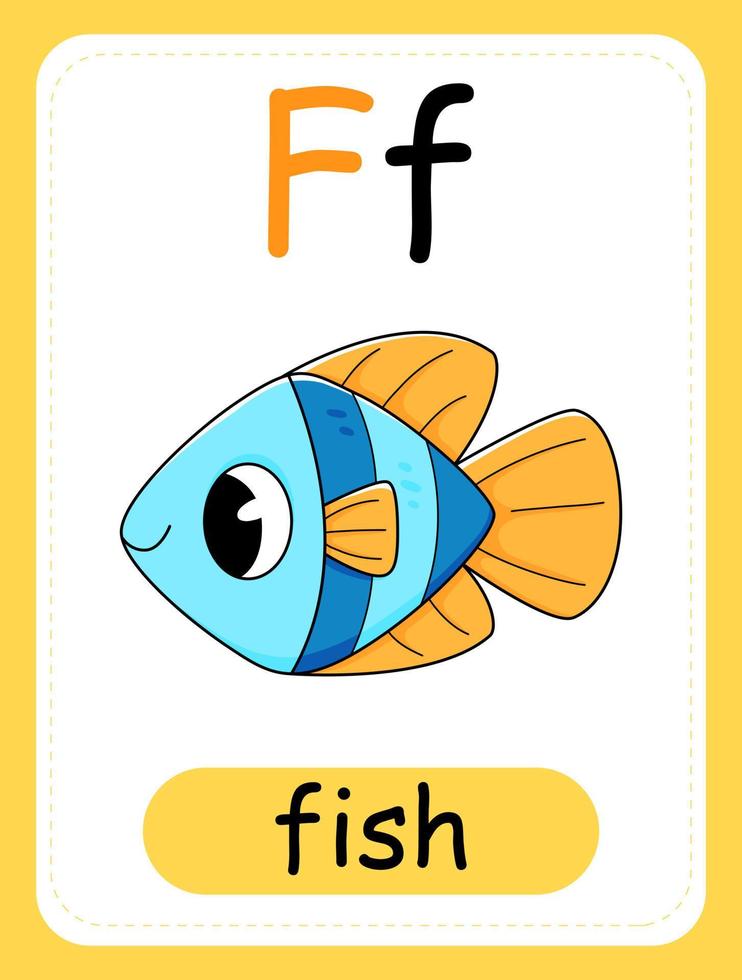 alfabeto tarjeta para niños con el letra F y azul pez. educativo tarjeta para niños. el palabra pez, el Inglés alfabeto. vector