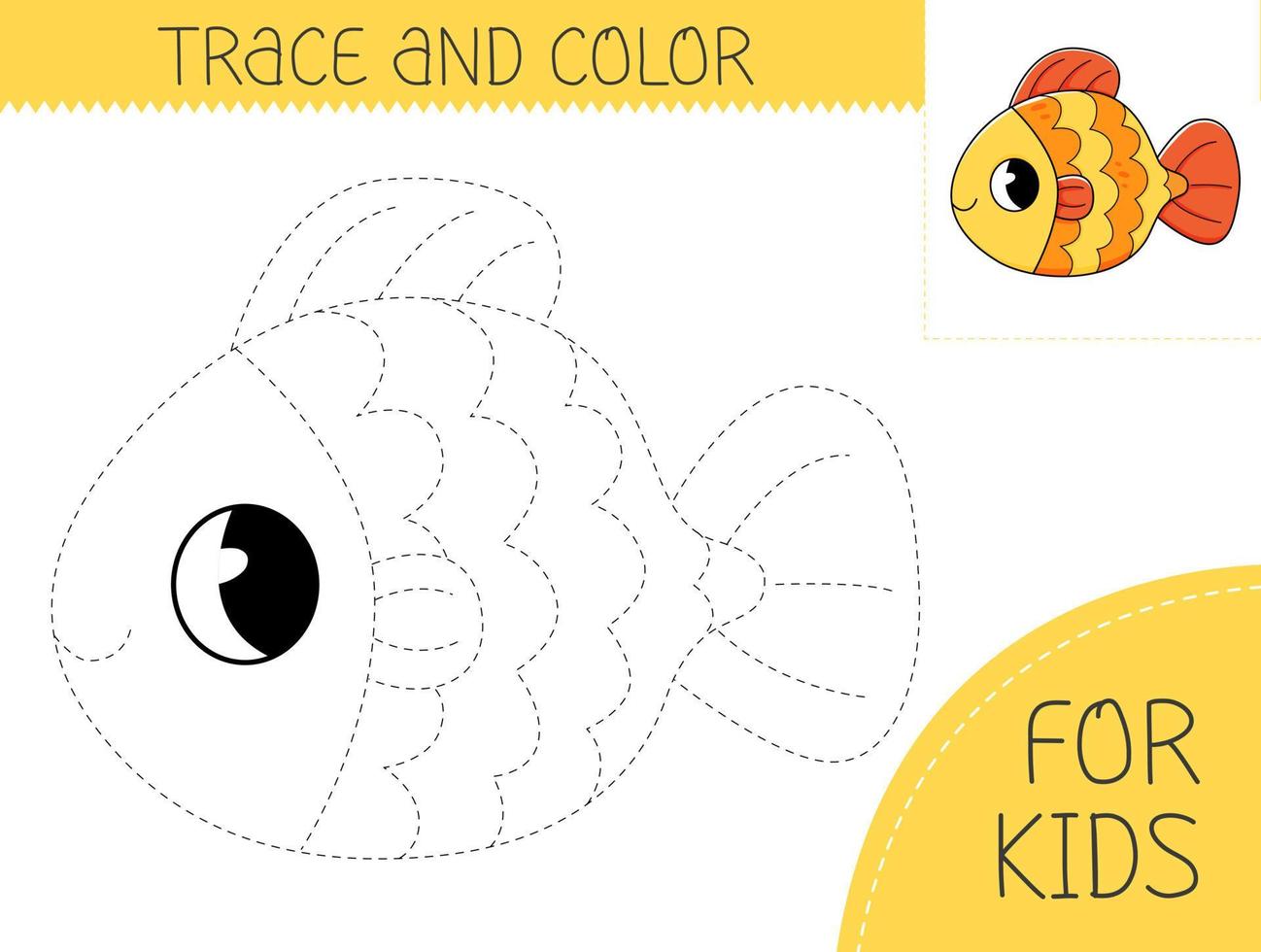 Trace and color coloring book with goldfish for kids. Coloring page with cartoon fish. illustration for kids vector