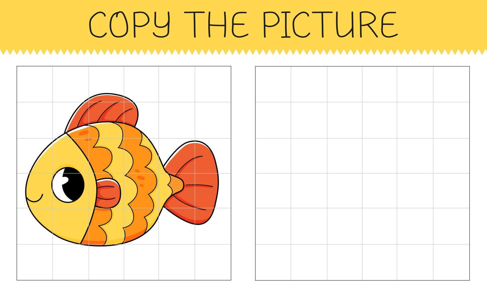 Copy the picture is an educational game for kids with goldfish. Cute cartoon fish. vector