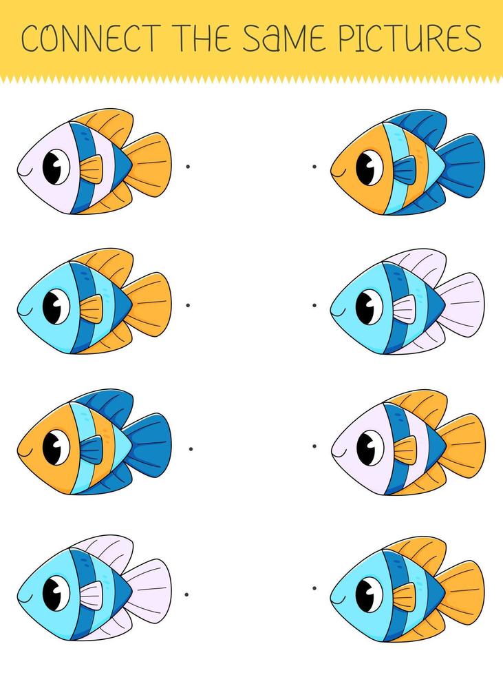 Connect the same pictures game with cartoon fish. Children's game with cute fish. vector
