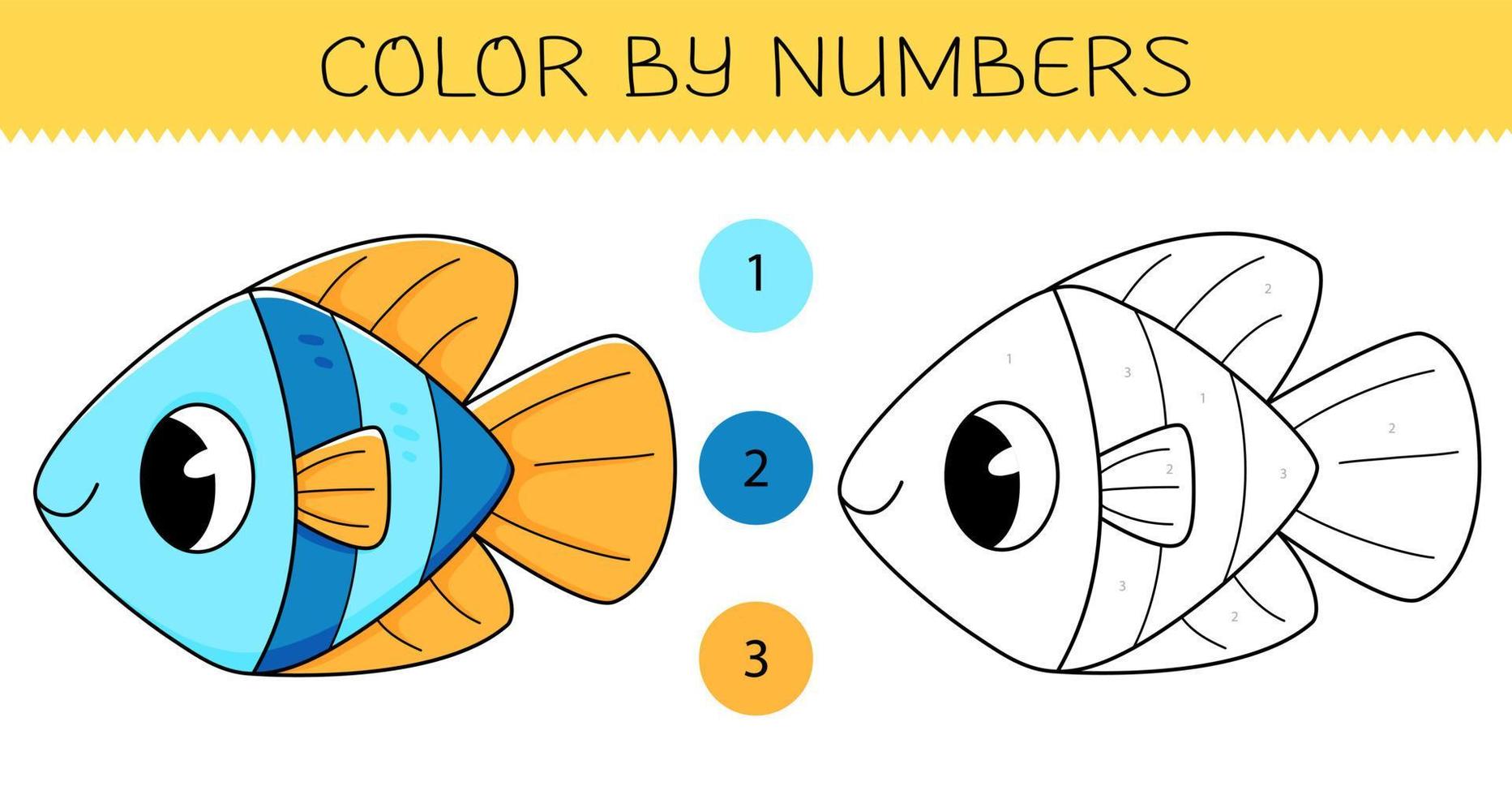 Color by numbers coloring book for kids with cute fish. Coloring page with cartoon fish with an example for coloring. Monochrome and color versions. vector