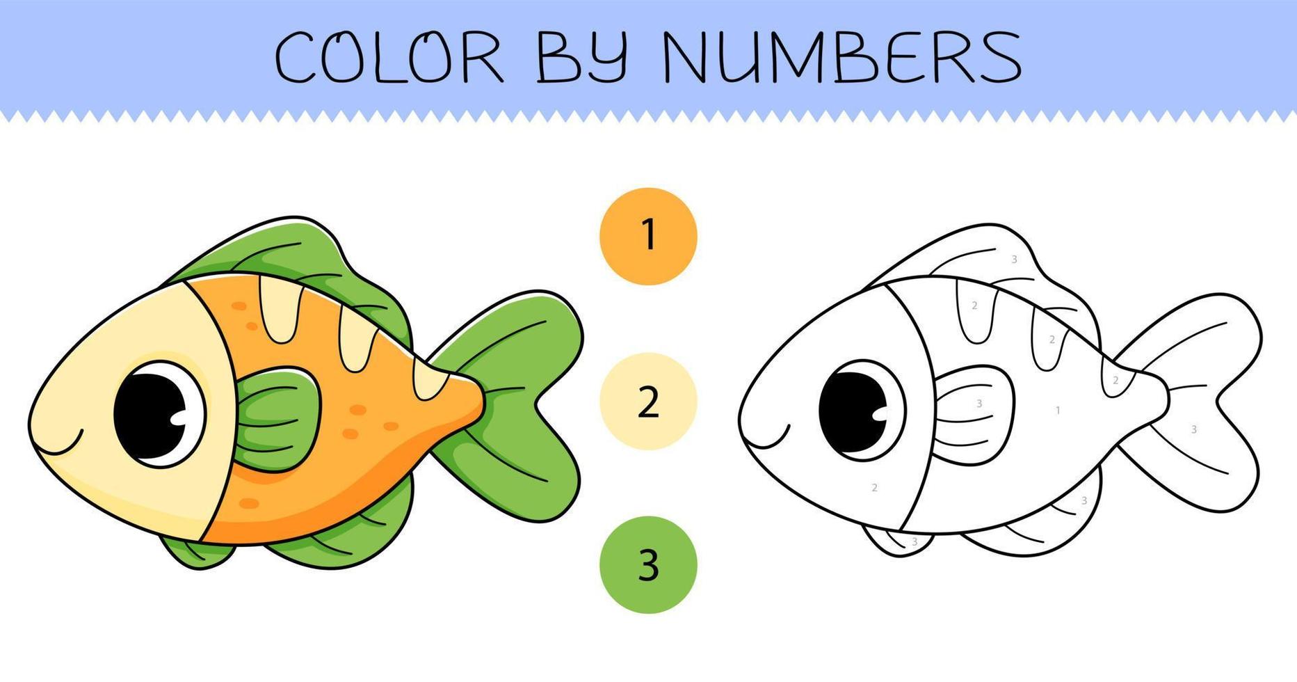 Color by numbers coloring book for kids with fish. Coloring page with cute cartoon fish with an example for coloring. Monochrome and color versions vector