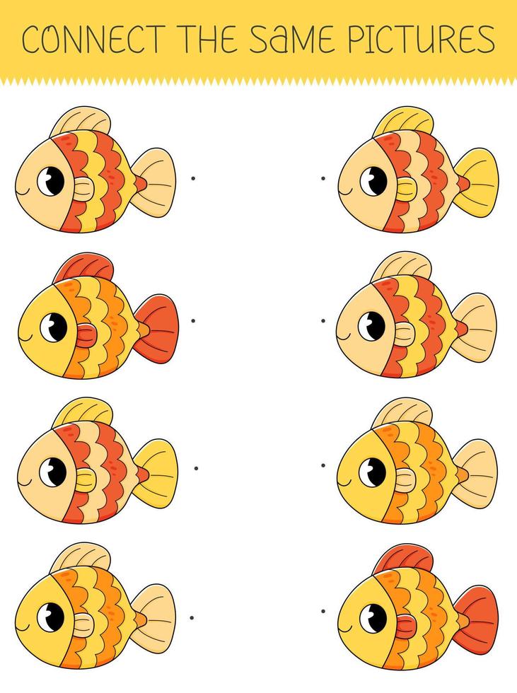 Connect the same pictures game with cartoon goldfish. Children's game with cute fish vector