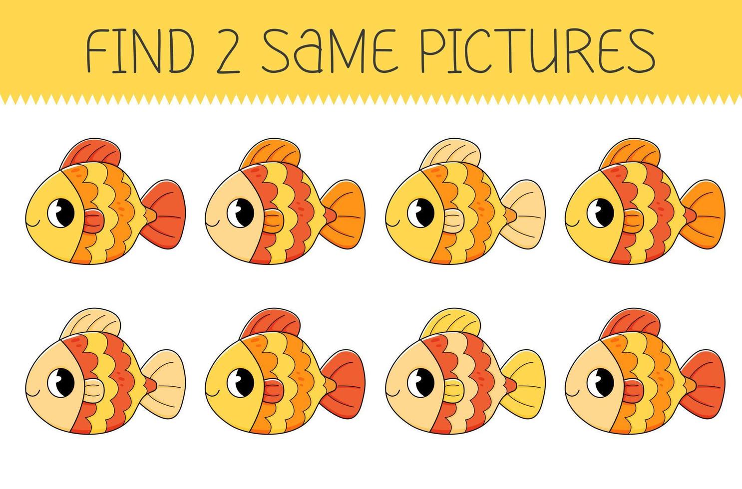 Find two same pictures is an educational game for kids with goldfish. Cute cartoon fish vector