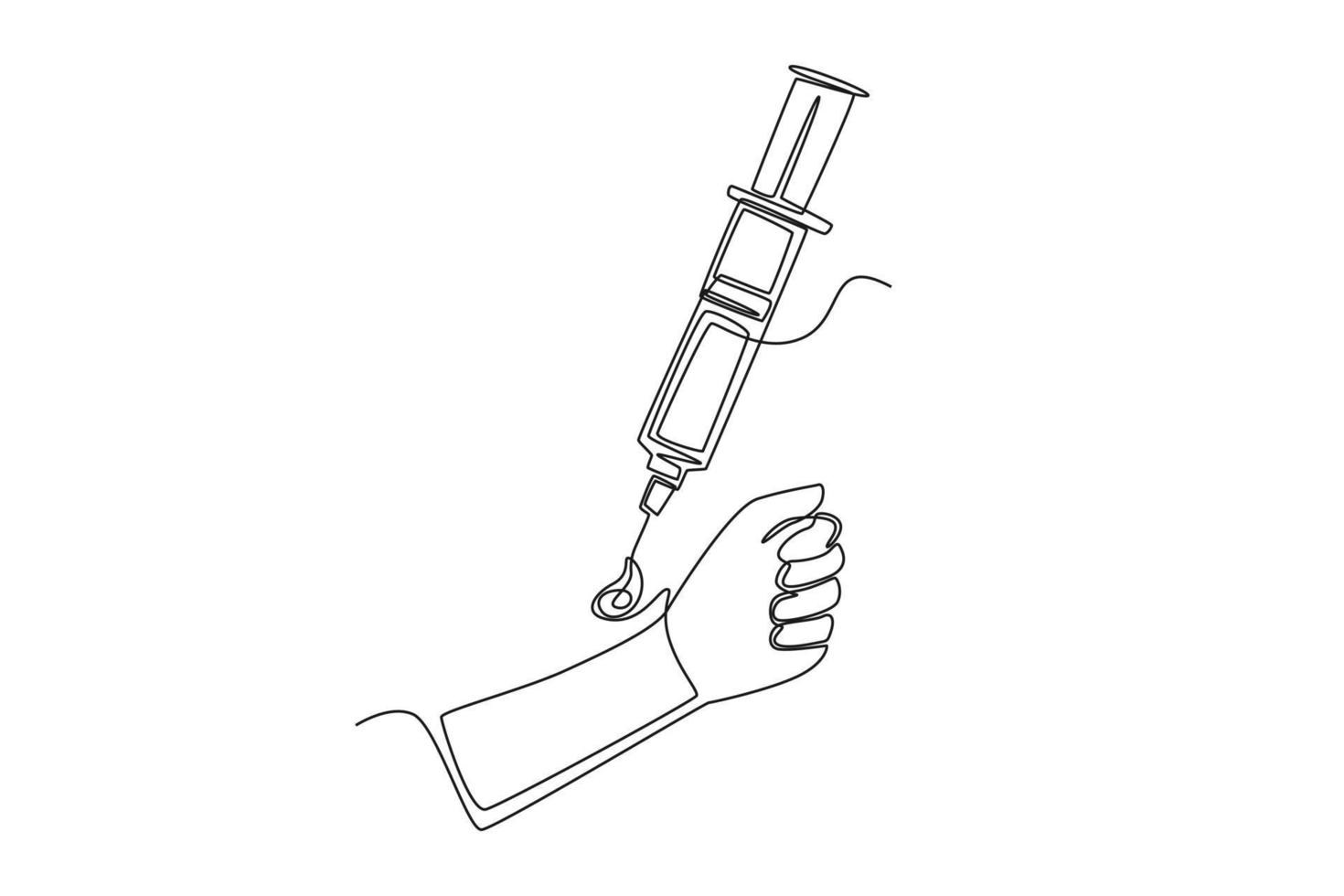 Continuous one line drawing syringe above the arm donor. World blood day concept. Single line draw design vector graphic illustration.