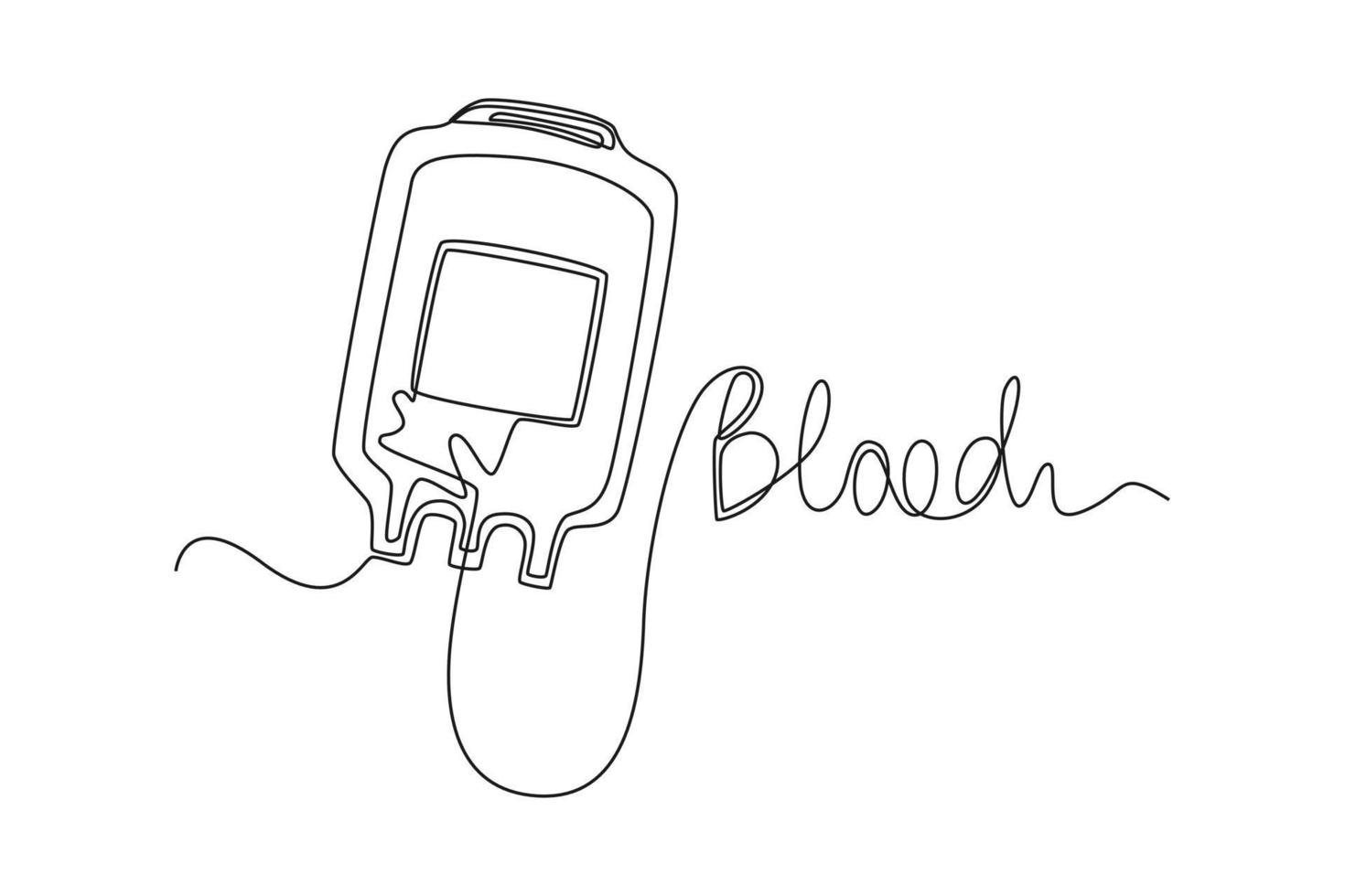 Continuous one line drawing blood bag with tube forming inscription blood. World blood day concept. Single line draw design vector graphic illustration.