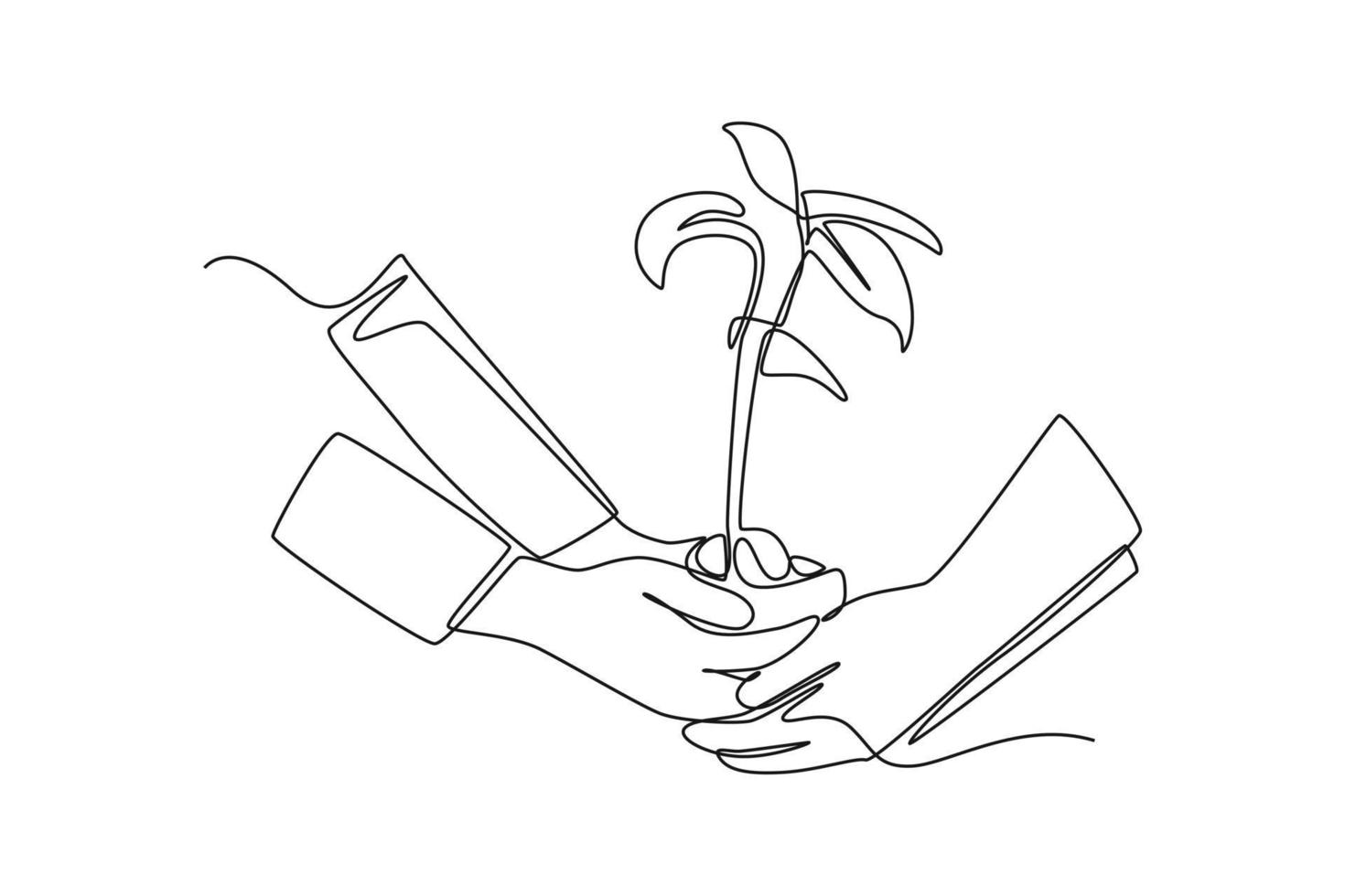 Continuous one line drawing hands hold plant together. World environment day concept. Single line draw design vector graphic illustration.