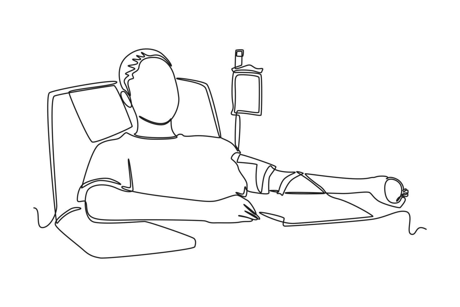 Continuous one line drawing happy boy donating blood in hospital. World blood day concept. Single line draw design vector graphic illustration.