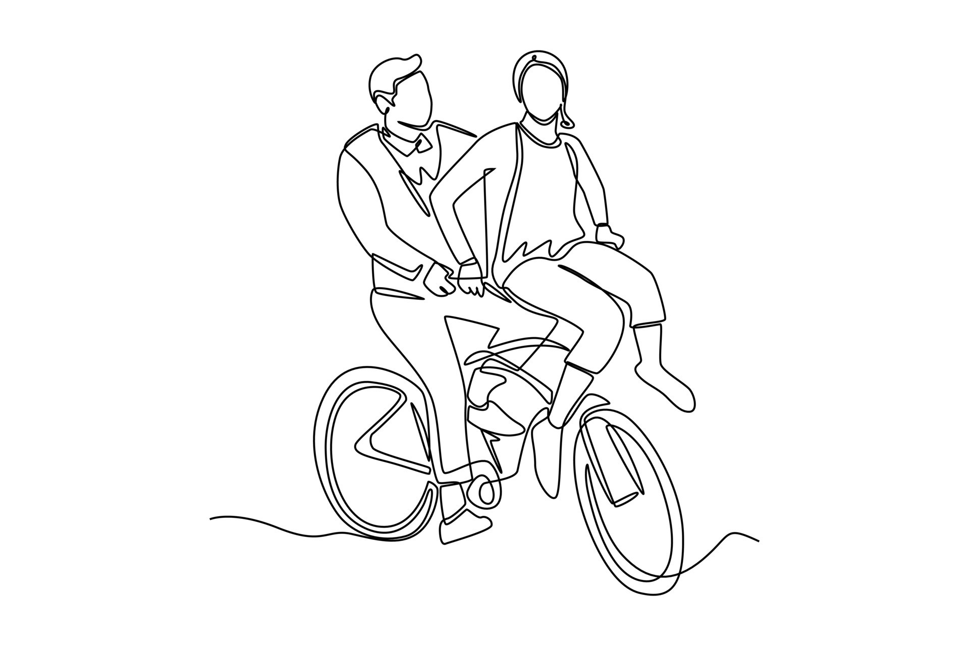 Single one line drawing happy people ride bicycle. World bicycle day