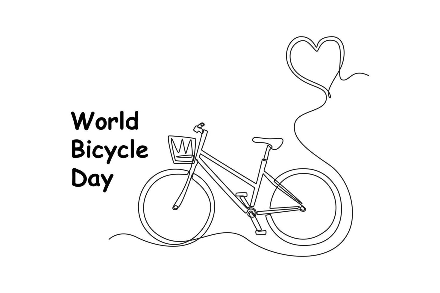 Single one line drawing bicycle with love balloon. World bicycle day concept. Continuous line draw design graphic vector illustration.