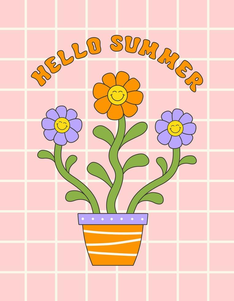 Hello Summer retro hippie design illustration, positive message phrase isolated on a checkered background. Trendy floral vector print in style 70s, 80s