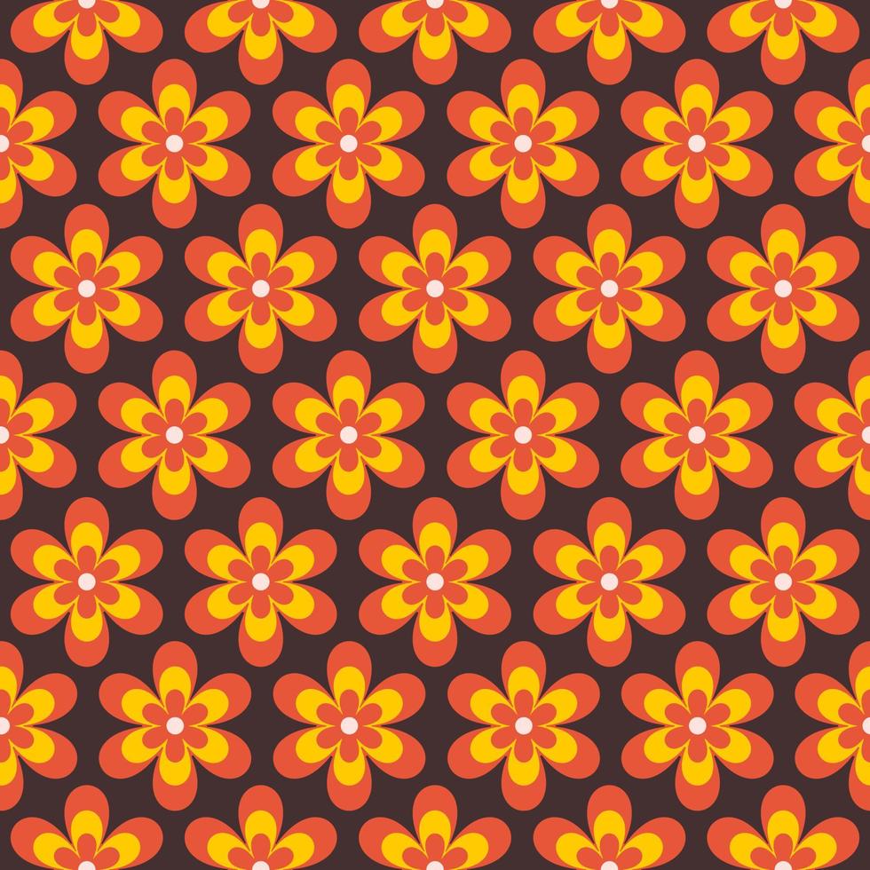 Abstract retro seamless pattern with geometric daisy flowers on a brown background. Colorful groovy vector illustration in style 60s, 70s