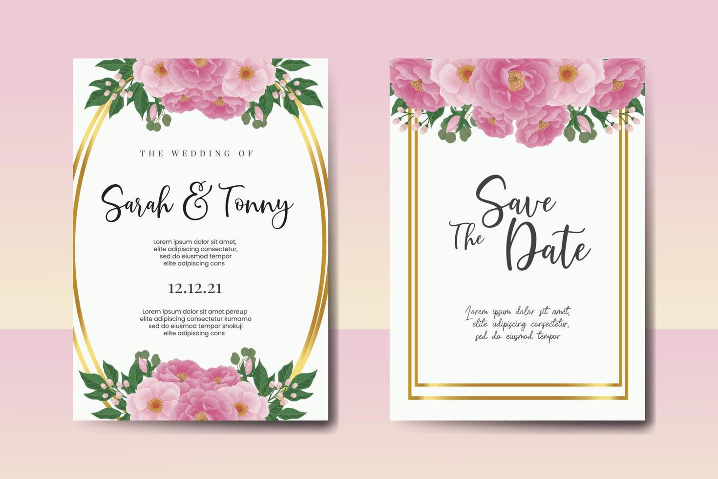 Wedding invitation frame set, floral watercolor Digital hand drawn Peony Flower design Invitation Card Template vector