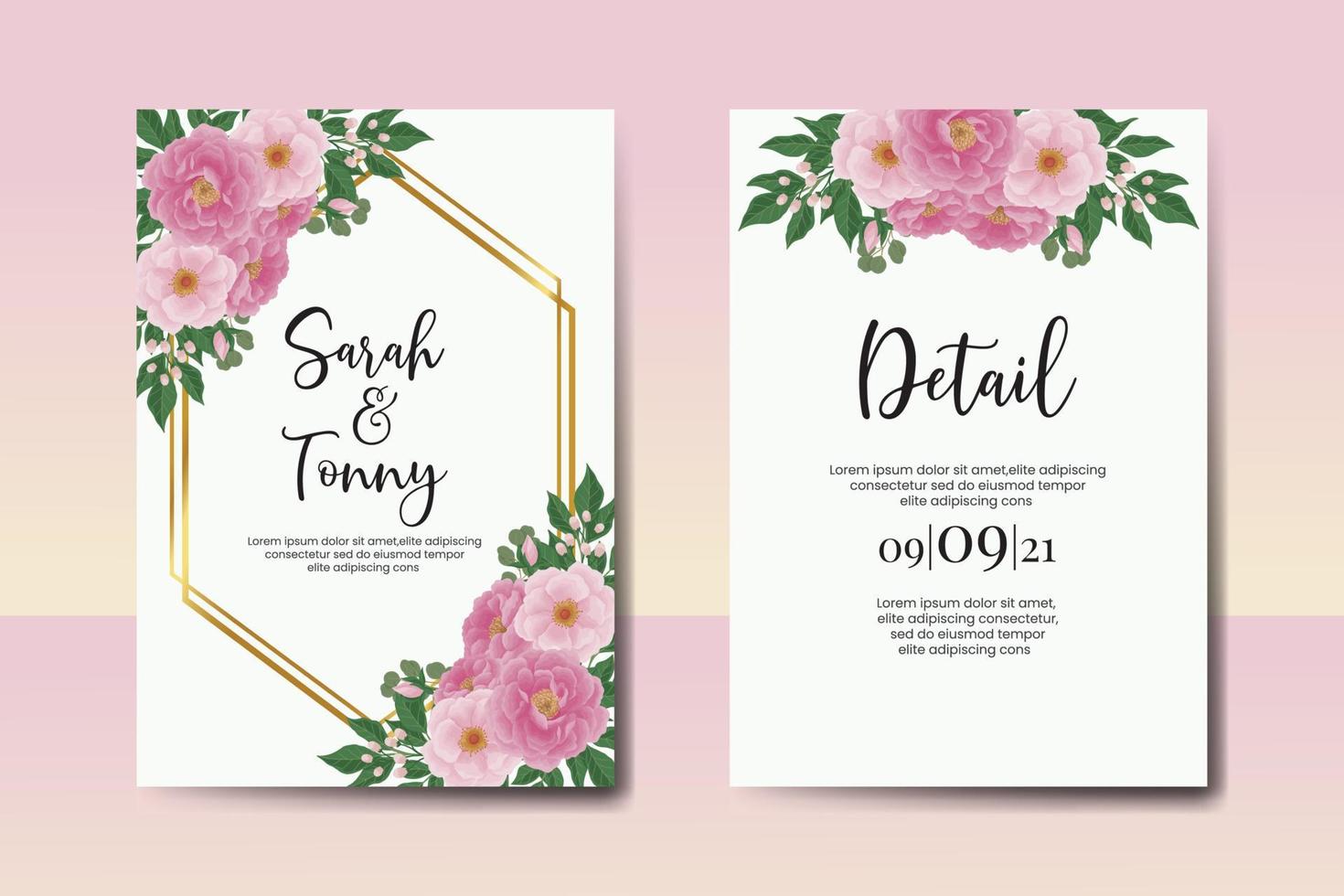 Wedding invitation frame set, floral watercolor Digital hand drawn Peony Flower design Invitation Card Template vector