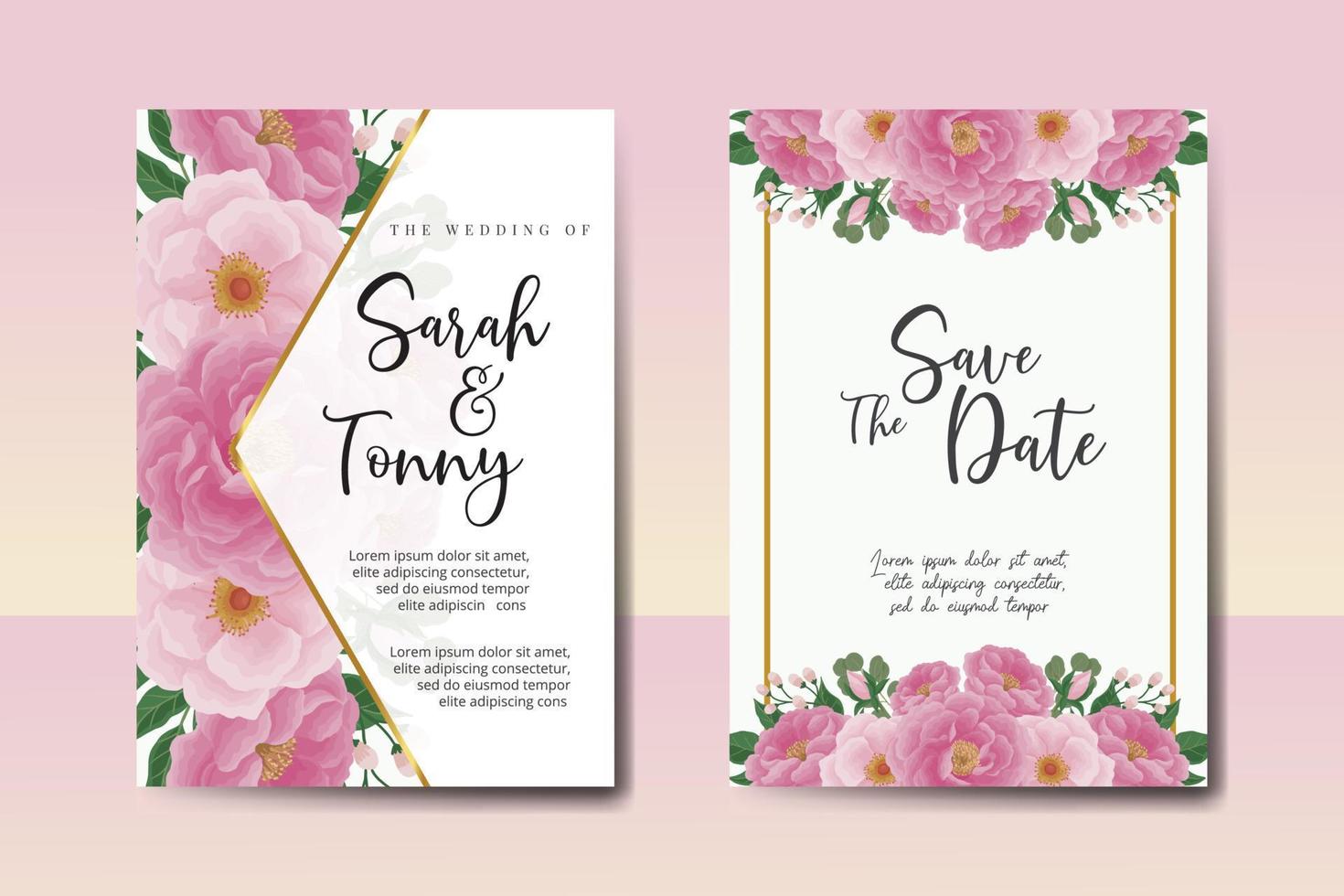 Wedding invitation frame set, floral watercolor Digital hand drawn Peony Flower design Invitation Card Template vector