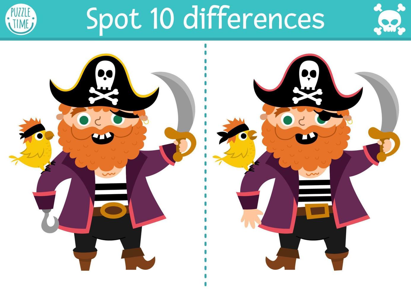 Find differences game for children. Sea adventures educational activity with cute pirate with parrot and sable. Puzzle for kids with funny character. Marine printable worksheet or page vector