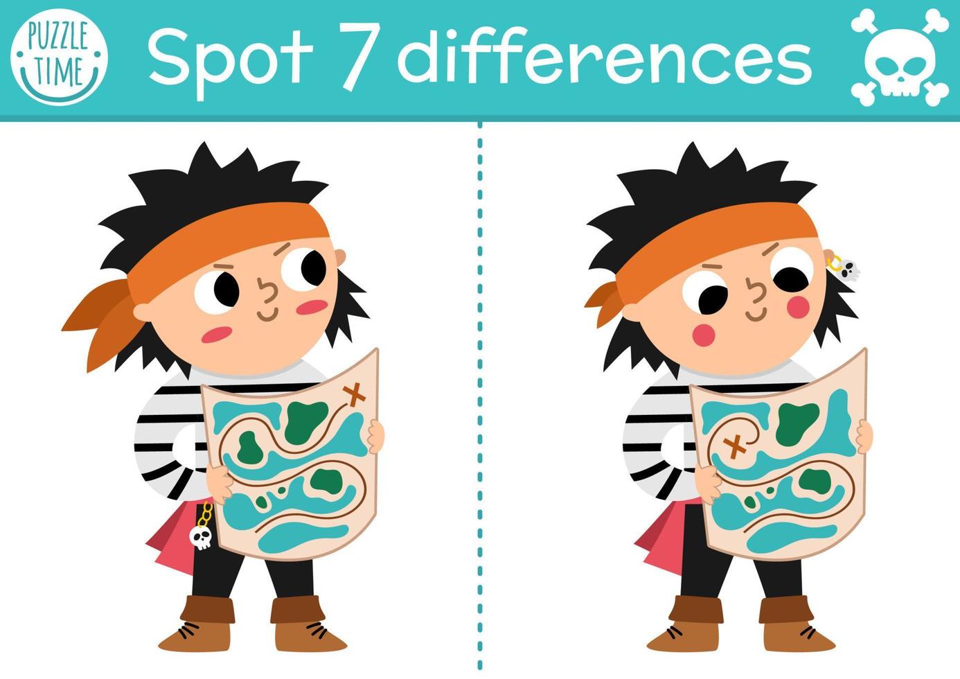 Find differences game for children. Sea adventures educational activity with cute pirate boy with map. Puzzle for kids with funny character. Marine printable worksheet or page vector
