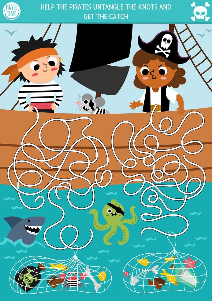 pirata laberinto para niños con barco, mar y niño marineros tesoro cazar preescolar imprimible actividad. mar aventuras laberinto juego o rompecabezas. ayuda el piratas desenredar el nudos y obtener el captura vector