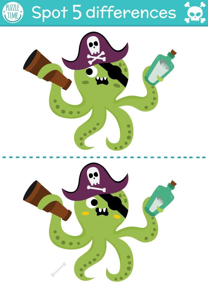 Find differences game for children. Sea adventures educational activity with cute pirate octopus and map in bottle. Treasure island puzzle for kids with funny character. Printable worksheet vector