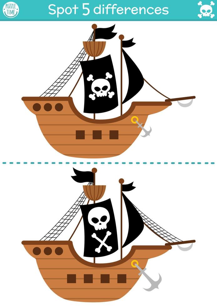 Find differences game for children. Sea adventures educational activity with cute pirate ship. Treasure island puzzle for kids with funny buccaneer boat with black sails. Printable worksheet vector