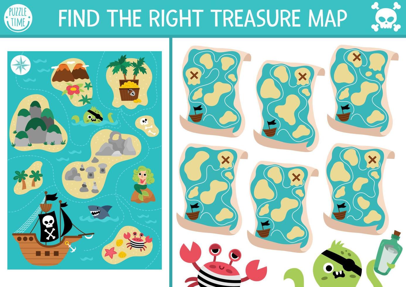 Find the right treasure map. Treasure island matching activity for children. Sea adventures educational quiz worksheet for kids for attention skills. Simple printable game with cute plans vector