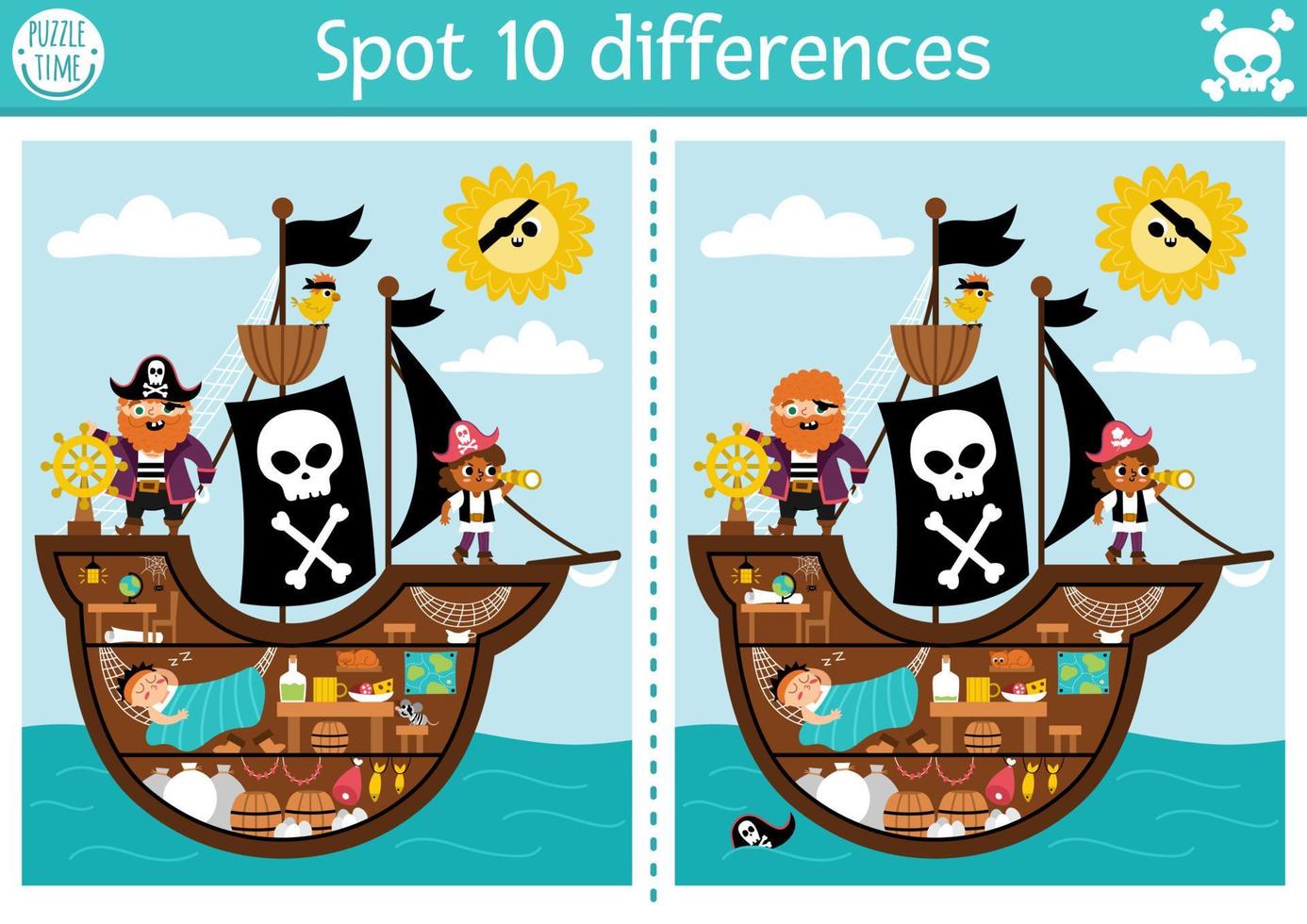 Find differences game for children. Sea adventures educational activity with cute pirate ship interior, cabin and hold. Puzzle for kids with funny scene. Marine printable worksheet or page vector