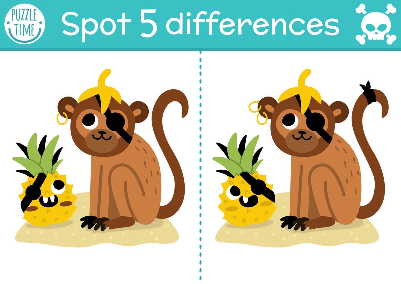 Find differences game for children. Sea adventures educational activity with cute pirate monkey and pineapple. Treasure island puzzle for kids with funny characters. Printable worksheet vector