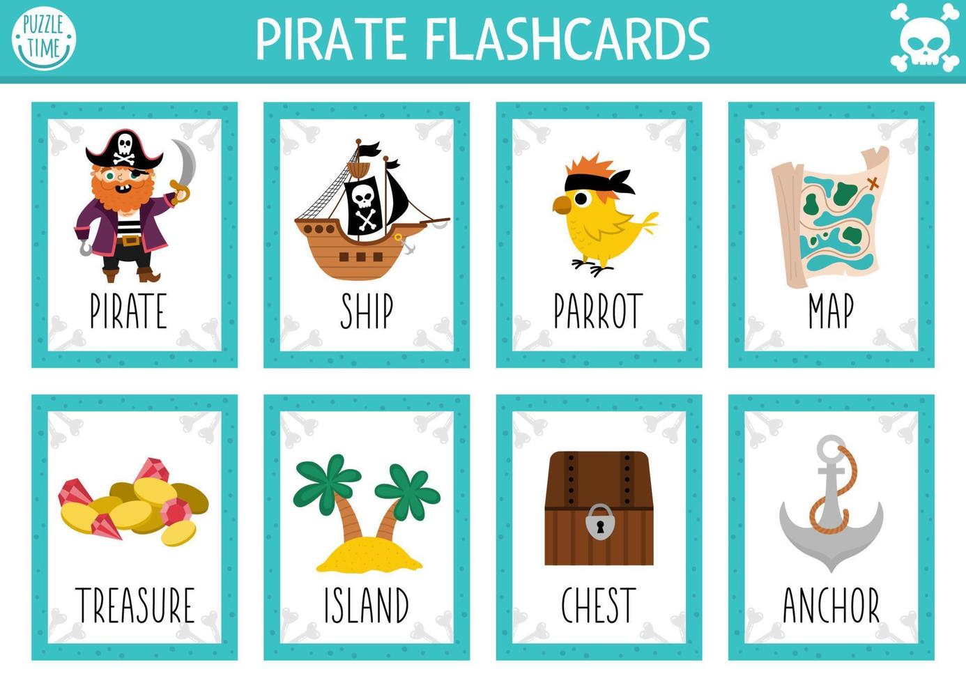 Vector pirate flash cards set. English language game with cute ship, treasure island, chest for kids. Sea adventures flashcards with map, parrot. Simple educational printable worksheet.