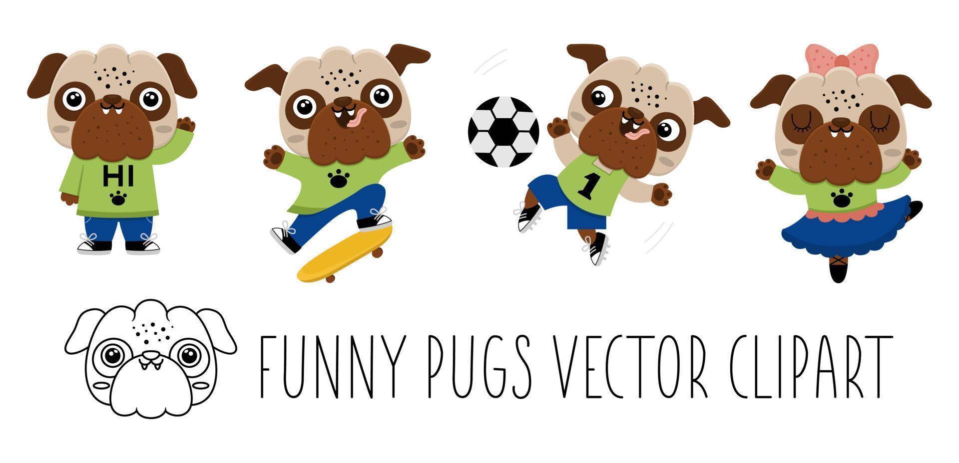 Vector cartoon pugs set. Anthropomorphic dogs doing sports. Funny pup playing football, skating, dancing, waving hand. Cute animal illustration for kids. Funny little pet icons collection