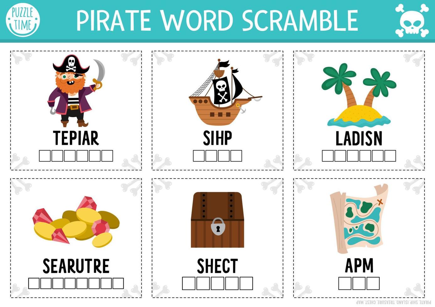 Vector pirate word scramble activity page. English language game with ship, treasure island, chest for kids. Sea adventures family quiz with map, parrot. Educational printable worksheet.