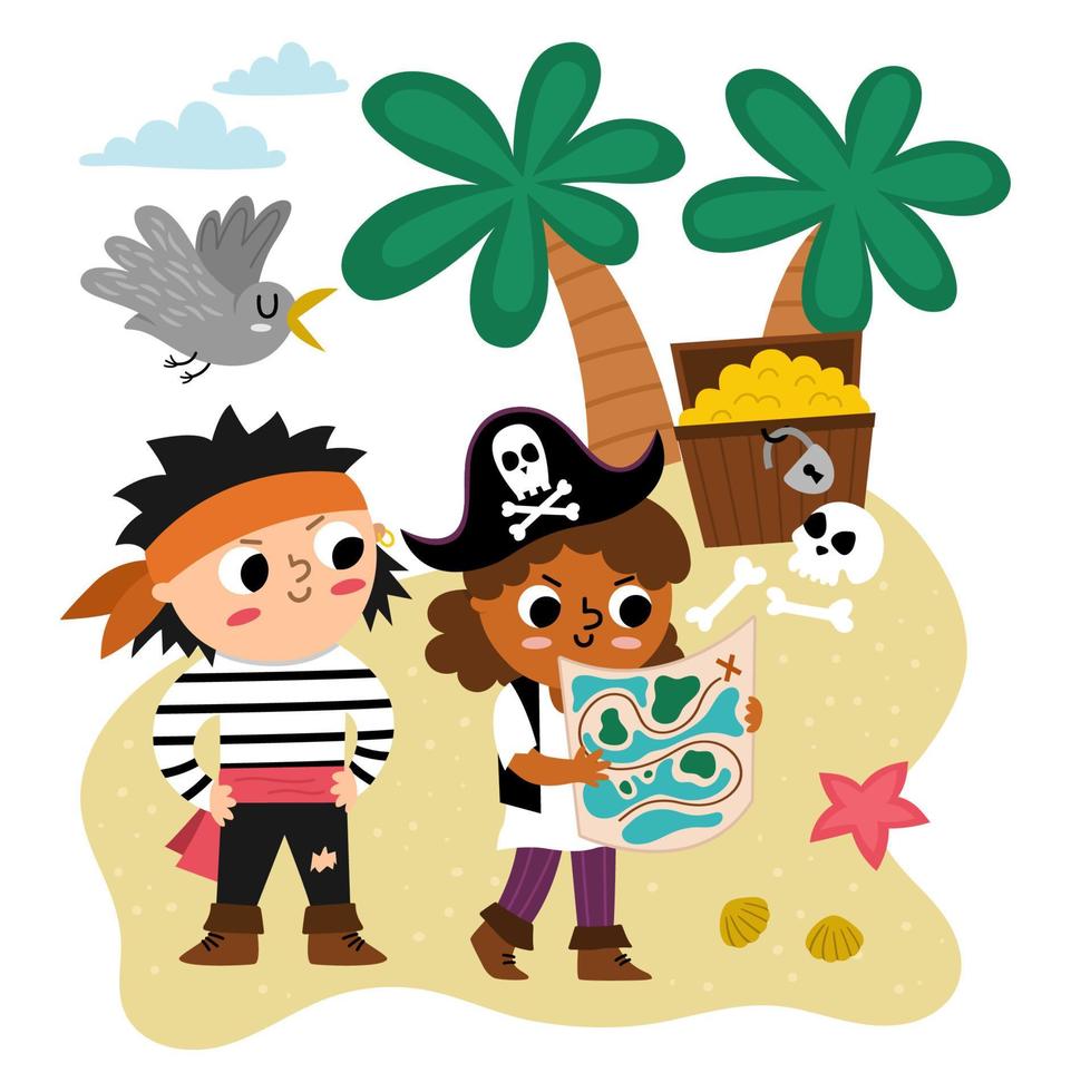 Vector pirate kids with map looking for treasure chest. Cute treasure hunt scene with children. Tropical island hunters illustration. Funny pirate party element for kids isolated on white background