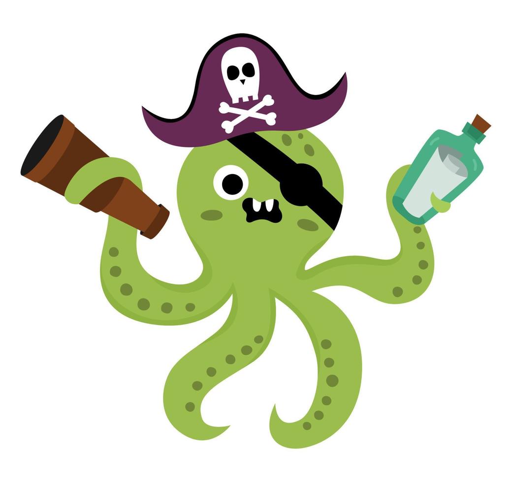 Vector pirate octopus icon. Cute sea animal illustration. One eye treasure island hunter with eye patch, telescope and bottle with map. Funny pirate party element for kids. Devilfish picture