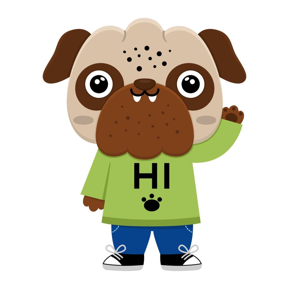 Vector cartoon pug. Anthropomorphic dog saying hi and greeting. Funny pup waving hand. Cute animal illustration for kids. Funny little pet icon