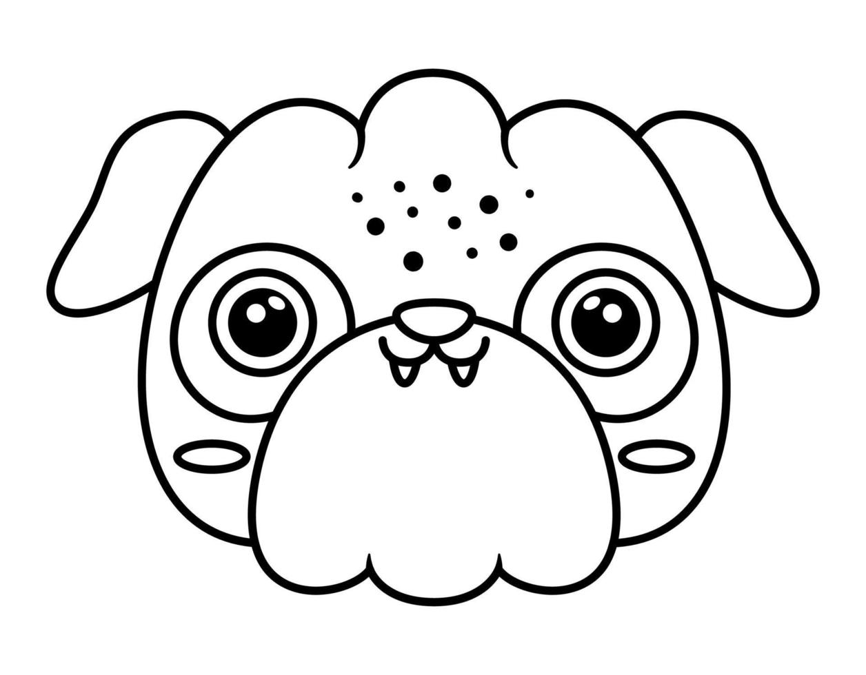 Vector cartoon pug face. Black and white dog muzzle. Funny pup head. Cute animal illustration for kids. Funny little pet icon or coloring page