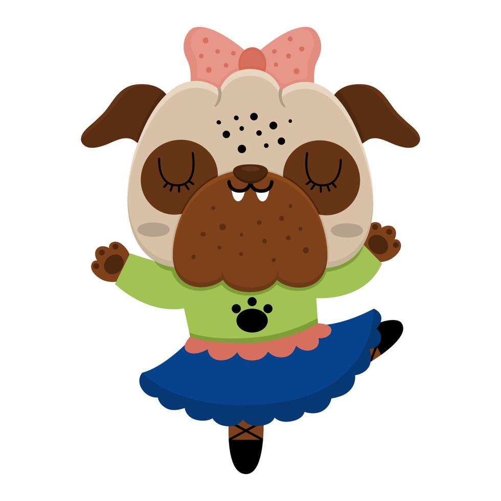 Vector cartoon pug. Anthropomorphic dancing dog. Funny pup girl in ballet tutu. Cute animal illustration for kids. Funny little pet icon