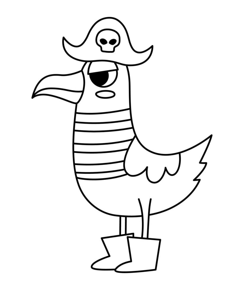 Vector black and white pirate seagull icon. Cute line sea bird illustration. Treasure island hunter in stripy shirt, cocked hat. Funny outline pirate party element for kids. Sea gull coloring page