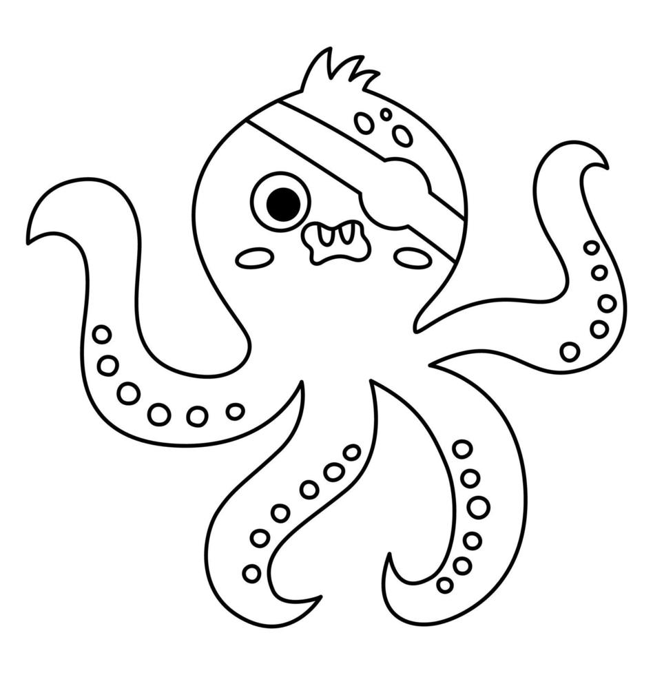 Vector black and white pirate octopus icon. Cute line sea animal illustration. Treasure island hunter with eye patch. Funny outline pirate party element for kids. Devilfish picture, coloring page