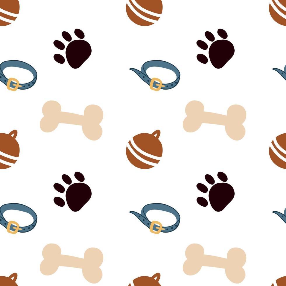 Seamless pattern on the theme of pets. Dogs, toys for dogs, balls, cute footprints, blue bones, collar drawn in vector on a tablet. For printing, packaging design, postcards and scrapbooking.