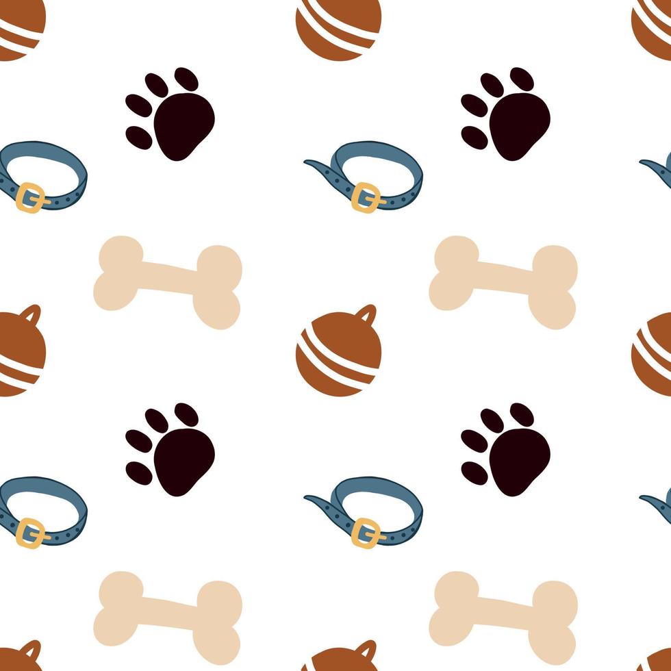 Seamless pattern on the theme of pets. Dogs, toys for dogs, balls, cute footprints, blue bones, collar drawn in vector on a tablet. For printing, packaging design, postcards and scrapbooking.