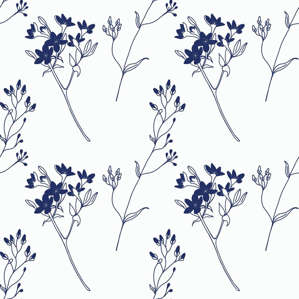Seamless pattern. Field flowers and plants in dark blue, hand-drawn on a tablet on a white background. Suitable for printing on paper, fabric, invitations and postcards. For creativity. vector