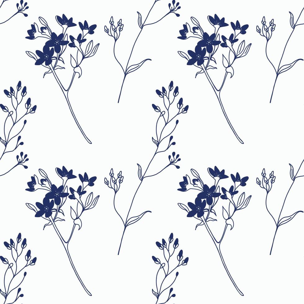 Seamless pattern. Field flowers and plants in dark blue, hand-drawn on a tablet on a white background. Suitable for printing on paper, fabric, invitations and postcards. For creativity. vector